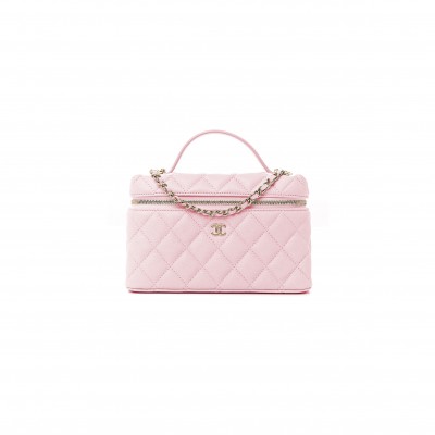 CHANEL CC TOP HANDLE LONG VANITY CASE WITH CHAIN SHINY CAVIAR LIGHT GOLD HARDWARE LIGHT PINK AP4385 B10582 (19.5*17*5cm)